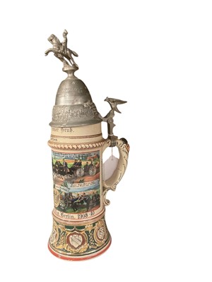 Lot 847 - Imperial German military pottery stein with hinged pewter lid with mounted cavalryman and eagle mounts, transfer and painted military decoration named to 'Gefreiter Ratjen 3 Battr. 3 Garde Feld...