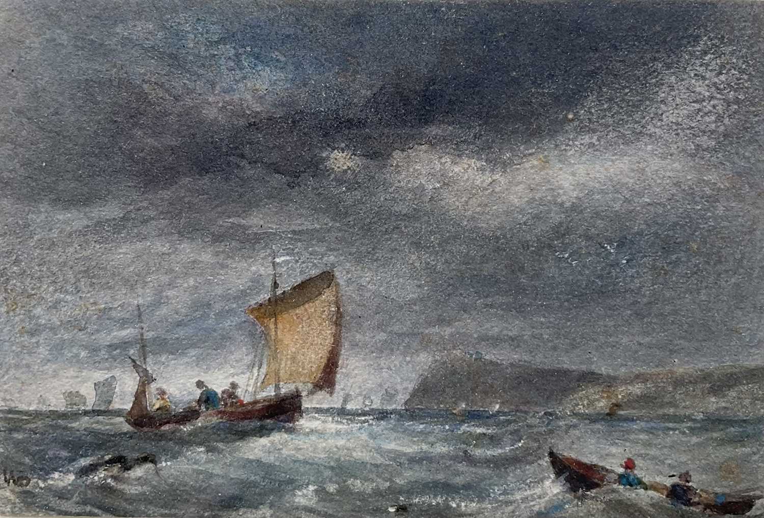 Lot 68 - William Davison (1808-1870) watercolour - Boats off the Coast, signed with initials, 7.5cm x 11cm, in glazed frame