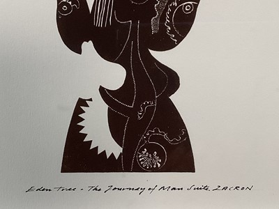 Lot 86 - Richard Drew, known as Zacron (British, 1943-2012) collograph print - Eden Tree, from the Journey of Man Suite, signed and numbered, 54 x 39cm, glazed frame