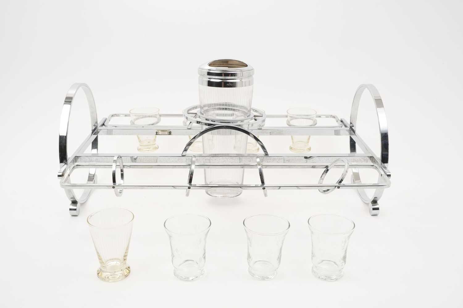 Lot 450 - Stylish Art Deco yacht’s chrome cocktail stand engraved glasses and shaker