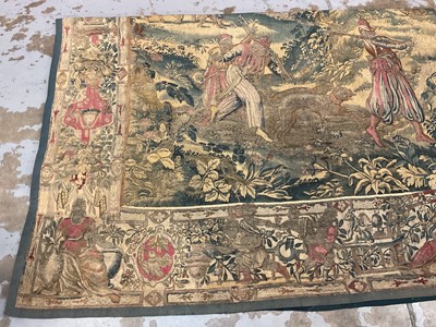 Lot 1722 - A late 16th century Flemish tapestry worked with bear hunting scenes in a mountainous forest