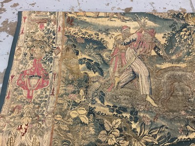Lot 1722 - A late 16th century Flemish tapestry worked with bear hunting scenes in a mountainous forest