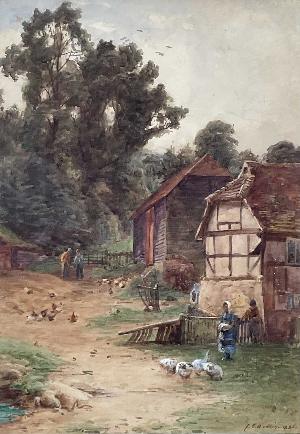 Lot 7 - F E Bodkin (19th/20th Century) watercolour - country scene, signed and dated 1886, 35cm x 24cm, in glazed frame