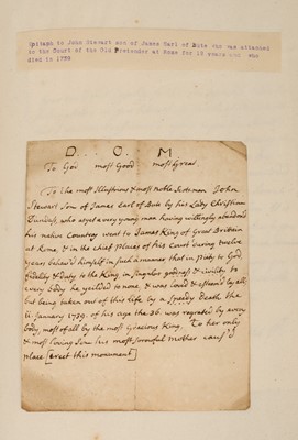 Lot 938 - Fascinating album containing letters, cuttings and ephemera, including letters from, and drafts of letters to James Stuart, the Old Pretender, and his wife Clementina in correspondence with the...