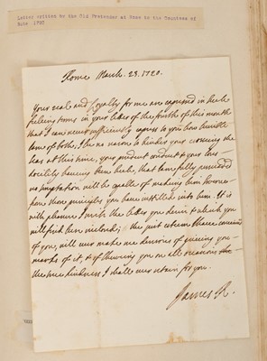 Lot 938 - Fascinating album containing letters, cuttings and ephemera, including letters from, and drafts of letters to James Stuart, the Old Pretender, and his wife Clementina in correspondence with the...