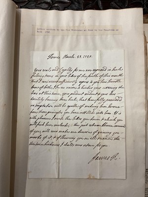 Lot 938 - Fascinating album containing letters, cuttings and ephemera, including letters from, and drafts of letters to James Stuart, the Old Pretender, and his wife Clementina in correspondence with the...