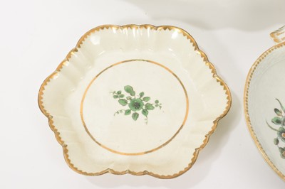 Lot 57 - A Worcester plate, circa 1770, decorated with the Horner of Mells pattern, in the atelier of Giles, together with three other similar pieces, including a oval basketweave di...