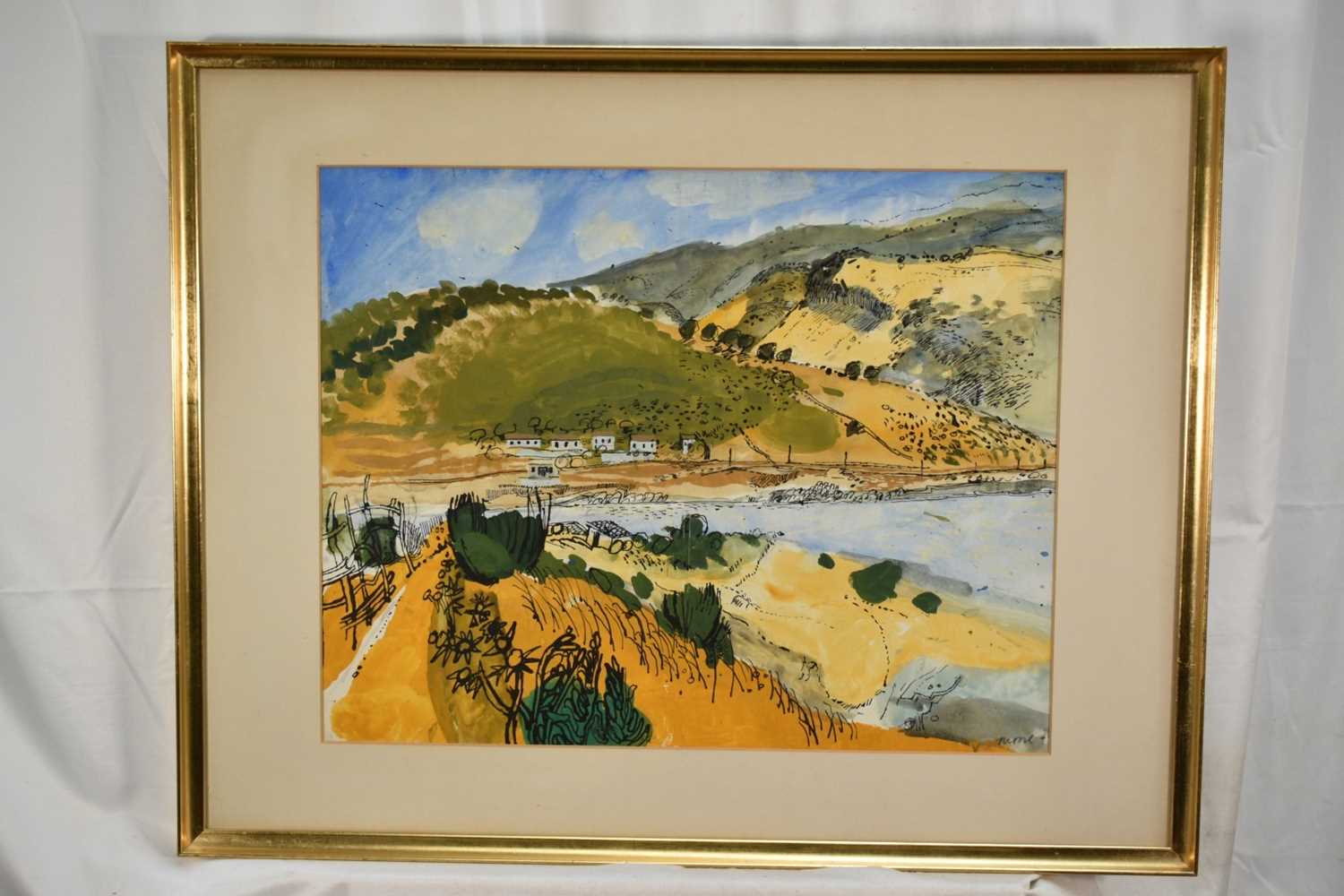 Lot 156 - English School, late 20th century mixed media - Yellow landscape, signed Moore, 43cm x 55cm, in glazed frame
