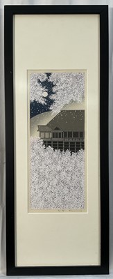 Lot 42 - Japanese woodblock, signed in pencil, 32cm x 13cm, in glazed frame