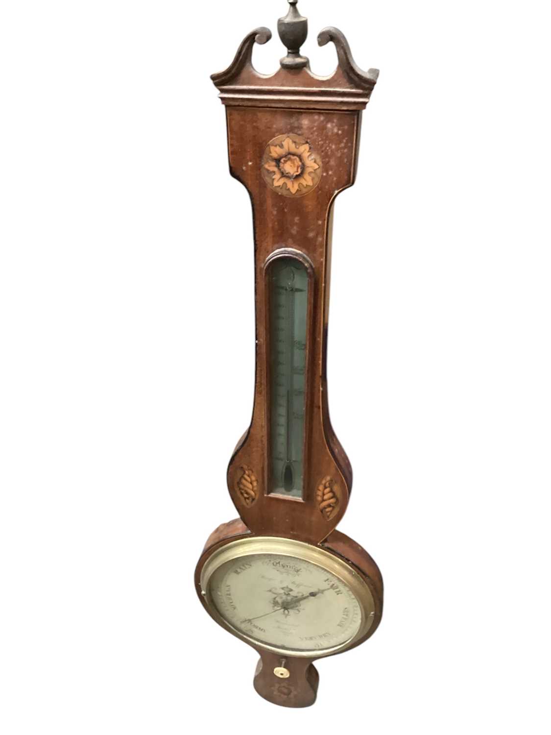 Lot 95 - 19th century inlaid mahogany barometer/thermometer