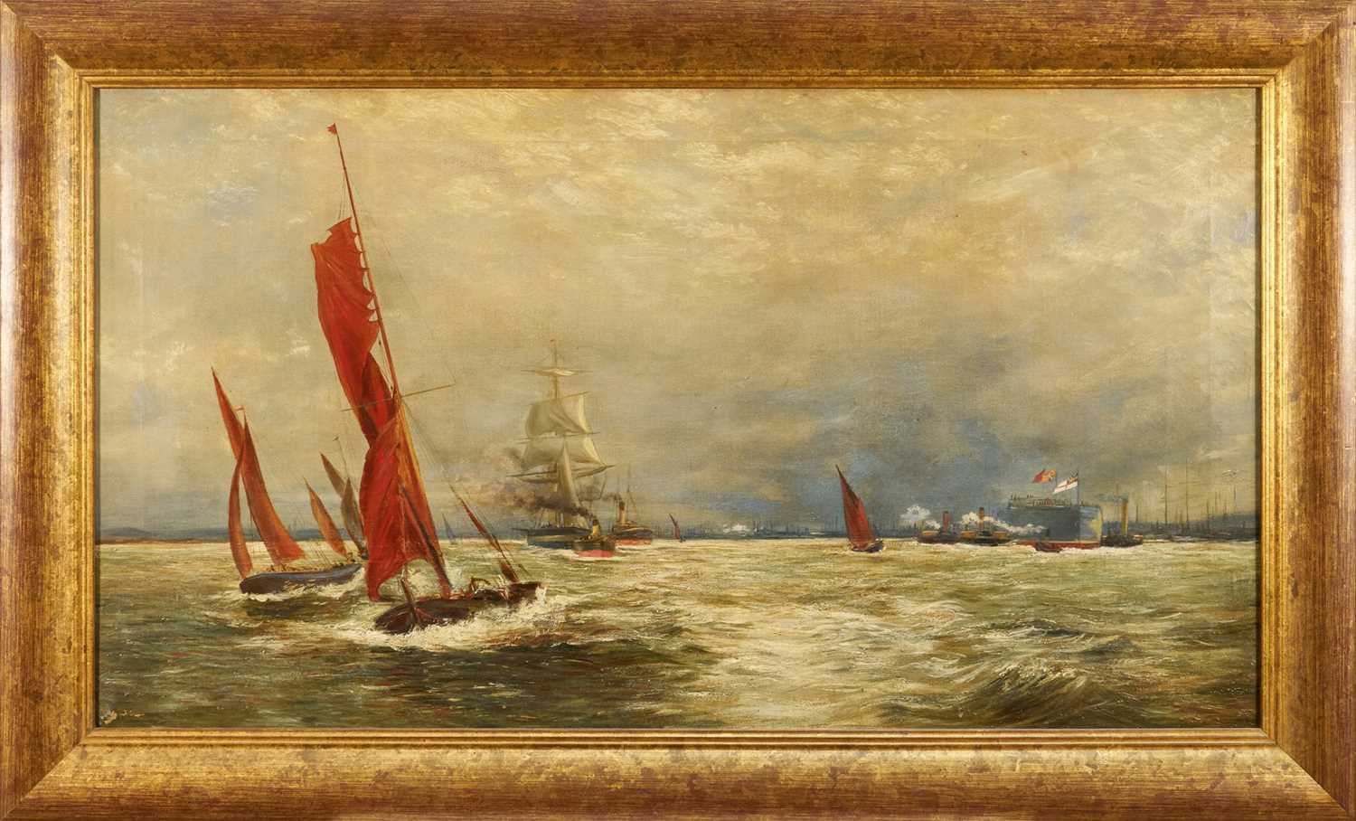 Lot 147 - Manner of William Lionel Wyllie, late 19th century, oil on canvas - 'Commerce and Sea Power', 51cm x 92cm, in gilt frame