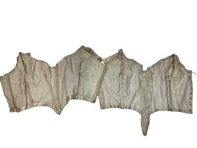 Lot 2056 - Box containing two Victorian embroidered net lace wedding bodices pointed at waistline, Mechlin lace fichu, one other lace fichu and a Honiton lace collar.