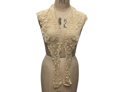 Lot 2056 - Box containing two Victorian embroidered net lace wedding bodices pointed at waistline, Mechlin lace fichu, one other lace fichu and a Honiton lace collar.