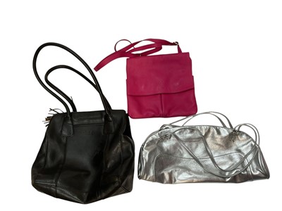 Lot 2079 - Two Prada handbags, pink canvas bag and apricot leather with pink leather lining bag. Also a black Osprey bag, pink Vera Pelle shoulder bag, silver leather bag by Dollargrand, Lulu Guiness Wild...