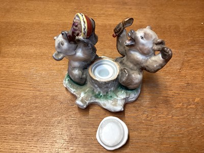 Lot 1181 - Two Russian Lomonosov LFZ figural bear inkwells, together with another bear mother with cradle (3)