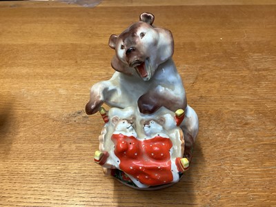 Lot 1181 - Two Russian Lomonosov LFZ figural bear inkwells, together with another bear mother with cradle (3)