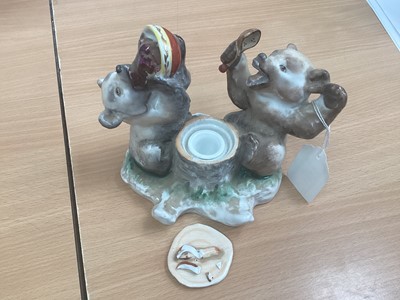 Lot 1181 - Two Russian Lomonosov LFZ figural bear inkwells, together with another bear mother with cradle (3)