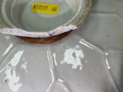 Lot 60 - 18th century Qianlong Period Chinese export porcelain Mancerina (cup stand) with a moulded crab in relief on a turquoise edged lotus leaf decorated with seaweed and flowers raised on a circular...