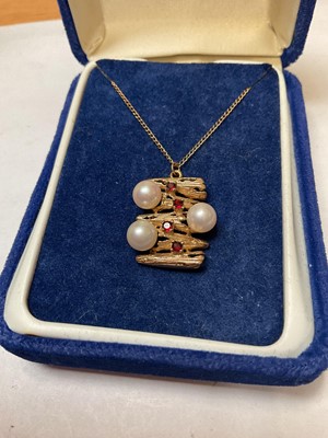 Lot 149 - Cultured pearl necklace in a Mikimoto box and a Mikimoto 9ct gold cultured pearl and garnet pendant on chain, in box