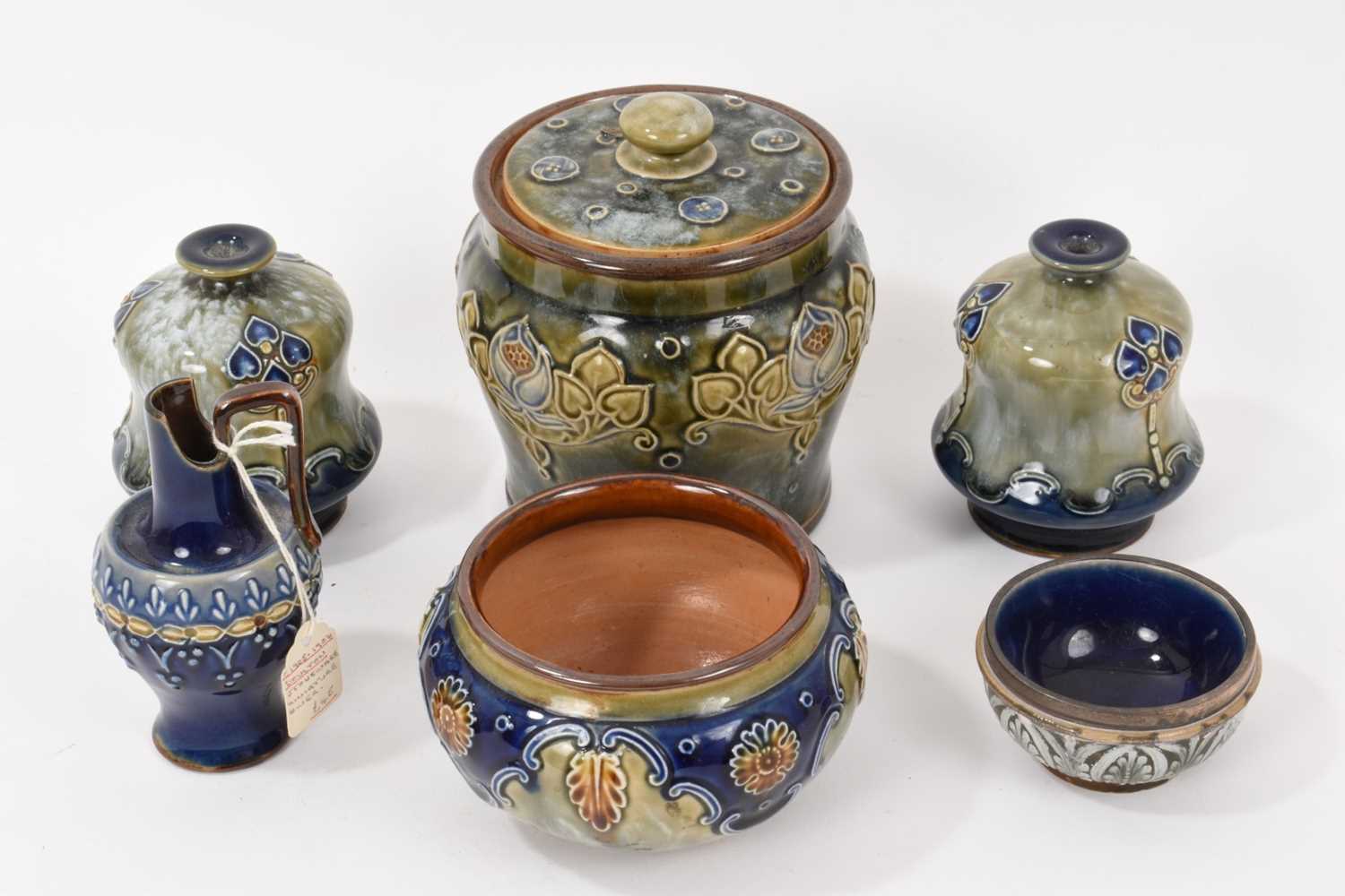 Lot 89 - Doulton lidded tobacco jar, together with five small Doulton pieces