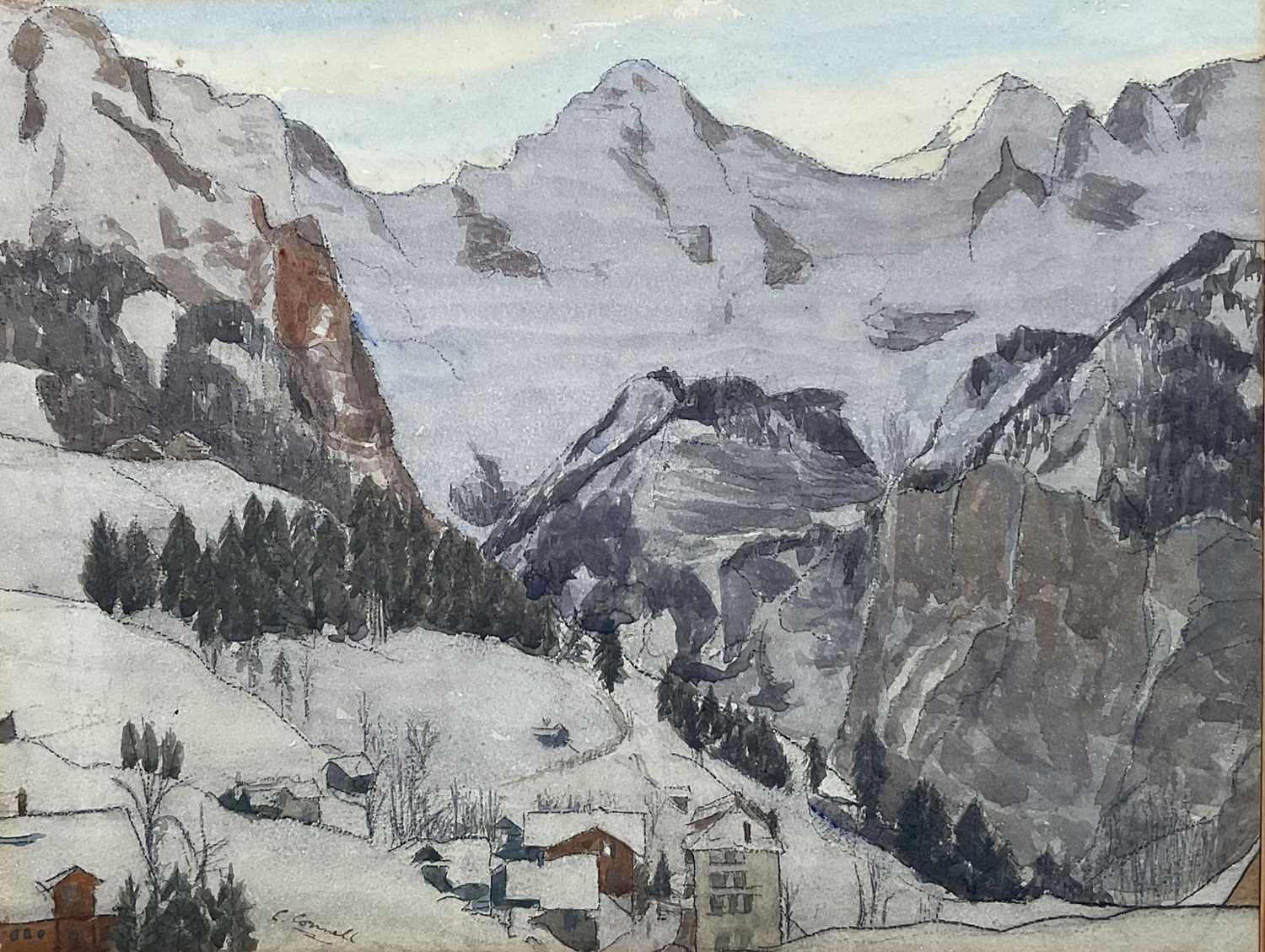 Lot 50 - C. Connell (20th Century) watercolour on paper laid on card - Swiss mountains with chalets, signed, 28cm x 36cm, with mount unframed