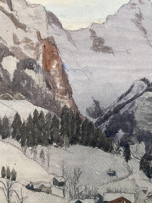Lot 50 - C. Connell (20th Century) watercolour on paper laid on card - Swiss mountains with chalets, signed, 28cm x 36cm, with mount unframed