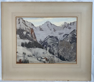 Lot 50 - C. Connell (20th Century) watercolour on paper laid on card - Swiss mountains with chalets, signed, 28cm x 36cm, with mount unframed