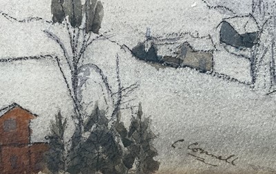 Lot 50 - C. Connell (20th Century) watercolour on paper laid on card - Swiss mountains with chalets, signed, 28cm x 36cm, with mount unframed