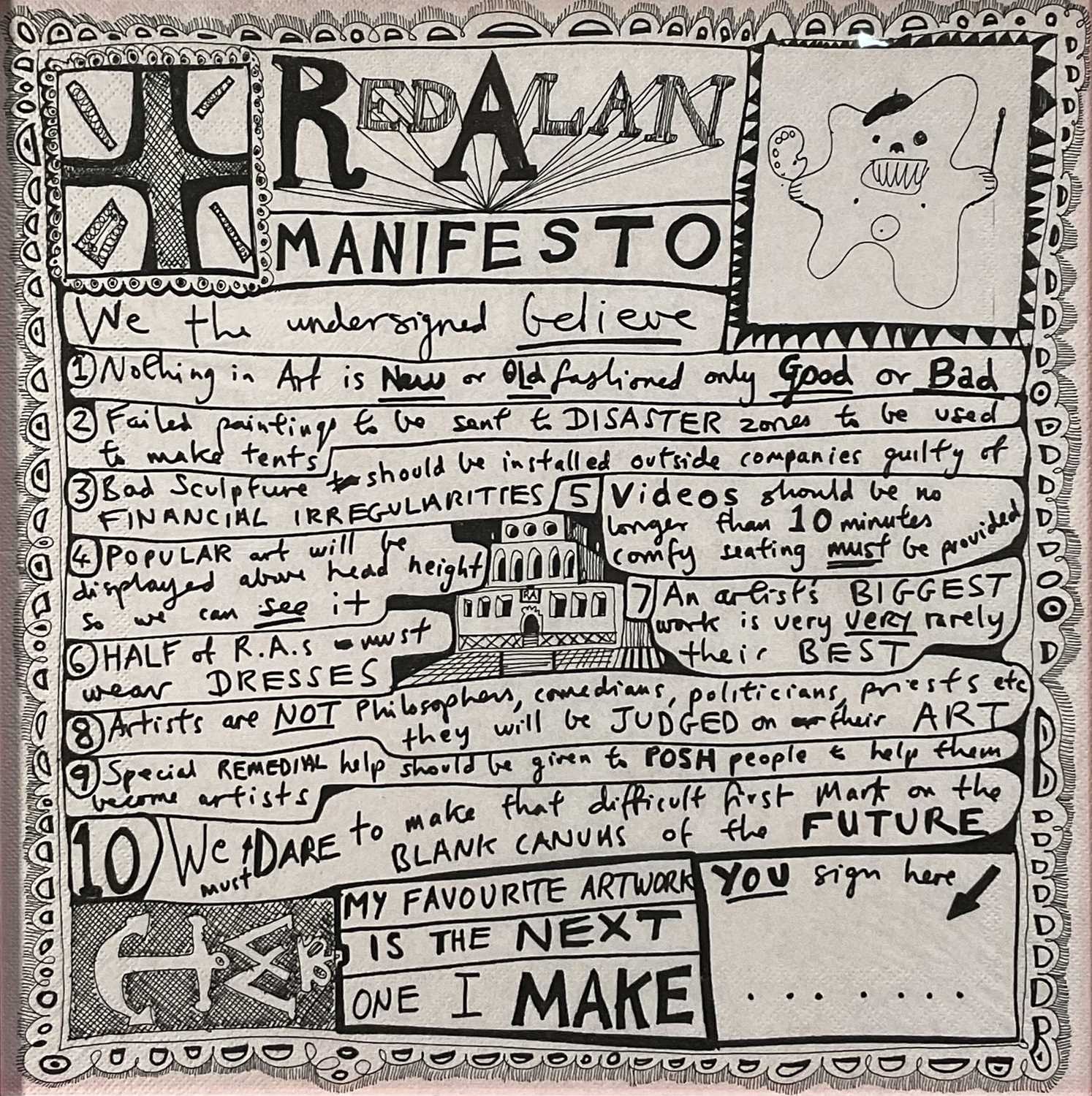 Lot 38 - Sir Grayson Perry (b. 1960) print on napkin paper - The Red Alan Manifesto, with artist's logo to the print, 33 x 33cm, glazed frame