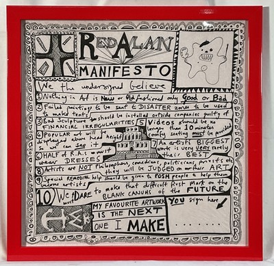 Lot 38 - Sir Grayson Perry (b. 1960) print on napkin paper - The Red Alan Manifesto, with artist's logo to the print, 33 x 33cm, glazed frame