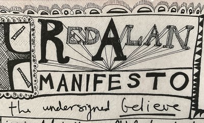 Lot 38 - Sir Grayson Perry (b. 1960) print on napkin paper - The Red Alan Manifesto, with artist's logo to the print, 33 x 33cm, glazed frame