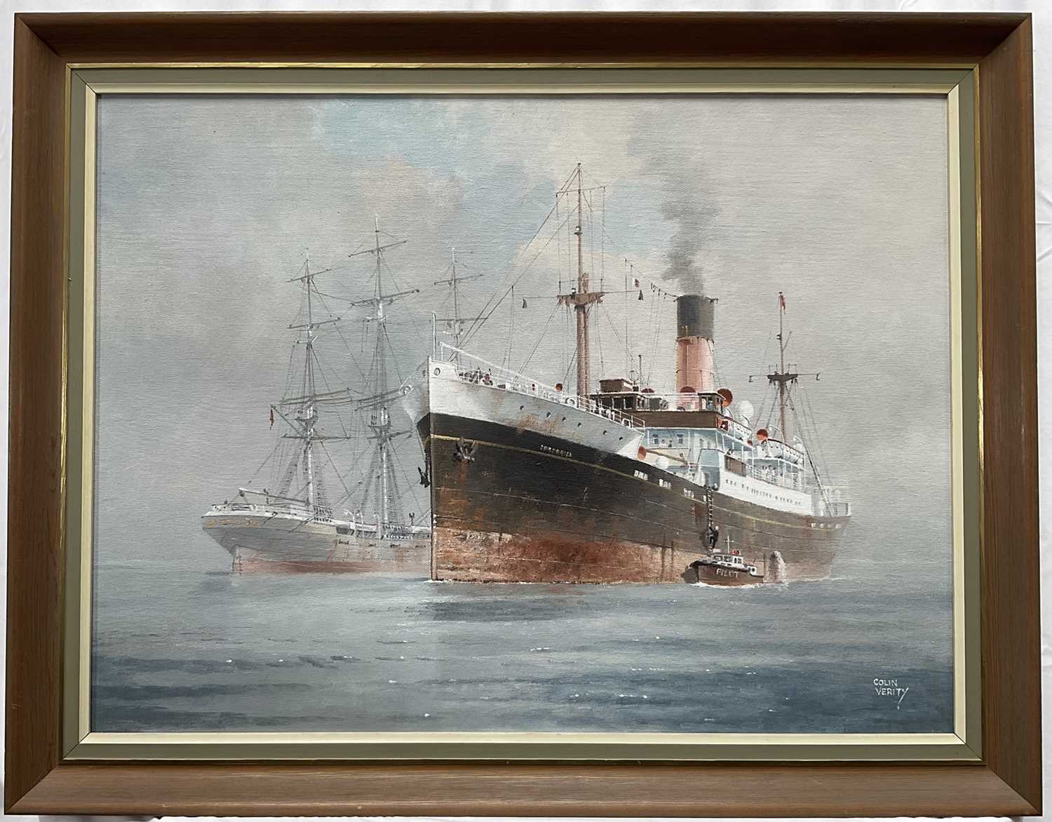 Lot 1222 - *Colin Verity (1924-2011) oil on board - Picking up the Pilot, signed, 40 x 60cm, framed