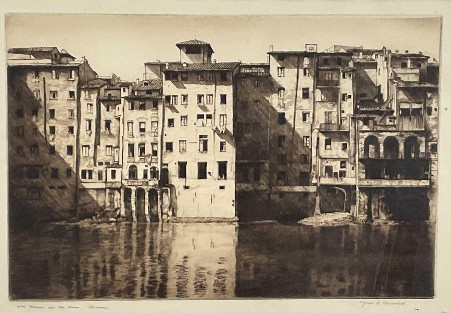 Lot 39 - Alfred Blundell (1883-1968) etching - Old Houses on the Arno, Florence, signed and inscribed, 24 x 37cm, glazed frame