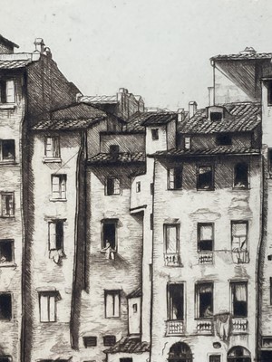 Lot 39 - Alfred Blundell (1883-1968) etching - Old Houses on the Arno, Florence, signed and inscribed, 24 x 37cm, glazed frame
