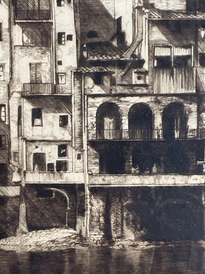 Lot 39 - Alfred Blundell (1883-1968) etching - Old Houses on the Arno, Florence, signed and inscribed, 24 x 37cm, glazed frame