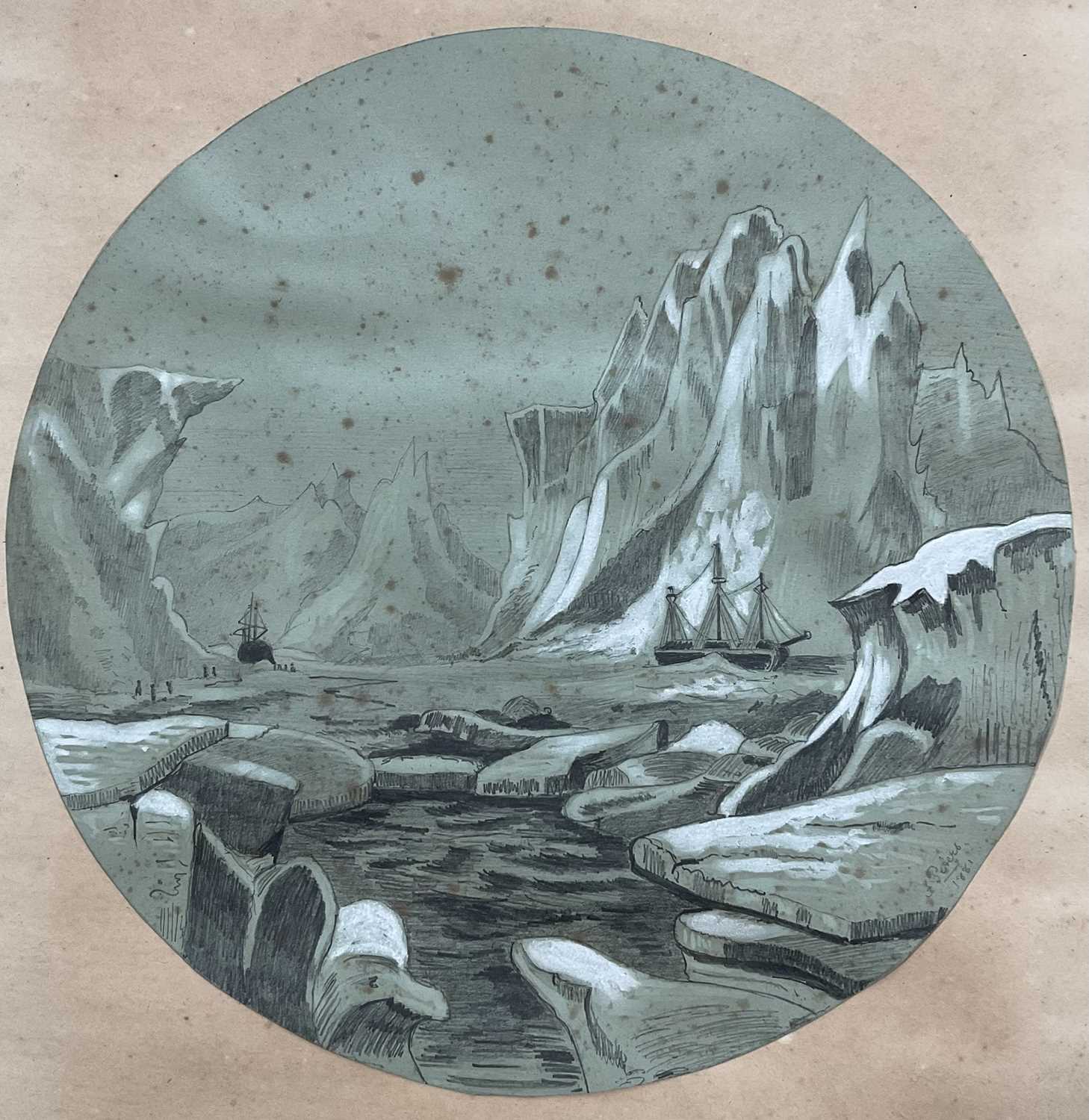 Lot 108 - F. Peters, pencil drawing heightened with white - Arctic scene with ships, signed and dated 1881.28.5 x 28.5cm, unframed