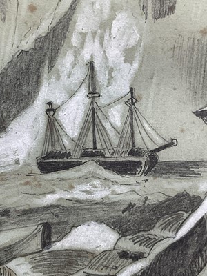 Lot 108 - F. Peters, pencil drawing heightened with white - Arctic scene with ships, signed and dated 1881.28.5 x 28.5cm, unframed