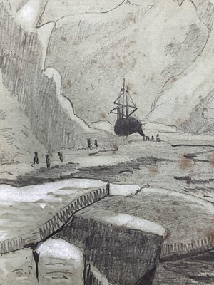 Lot 108 - F. Peters, pencil drawing heightened with white - Arctic scene with ships, signed and dated 1881.28.5 x 28.5cm, unframed