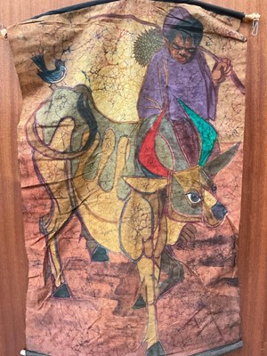 Lot 2138 - Painted bark cloth hangings plus a contemporary batik market scene panel with others.