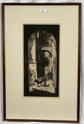 Lot 56 - Sidney Tushingham (1884-1968) signed black and white etching - Continental Street, in glazed frame, 39cm x 19cm