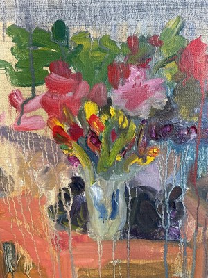 Lot 49 - Annelise Firth (b.1961) oil on canvas still life study- Vase of flowers in studio setting, signed and dated verso, 41cm x 51cm
