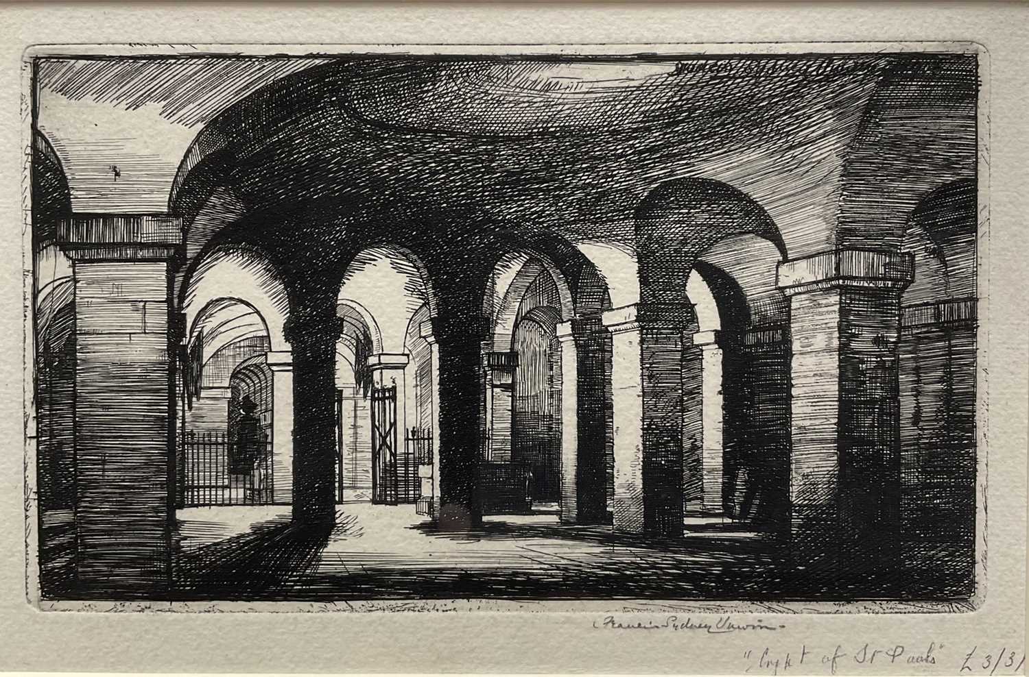 Lot 93 - Francis Sydney Unwin (1885-1925) etching - Crypt of St Paul's, signed, 14cm x 23cm, mounted in glazed frame