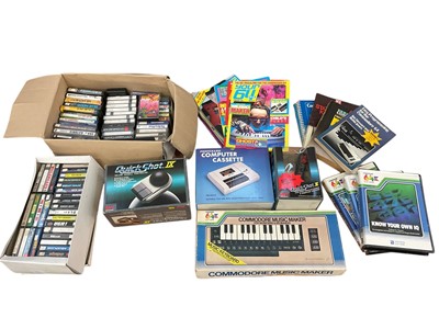Lot 1996 - Vintage Commode 64 Micro Computer with Music Keyboard, Joysticks, Cassette, Games & Manuals (1 box)