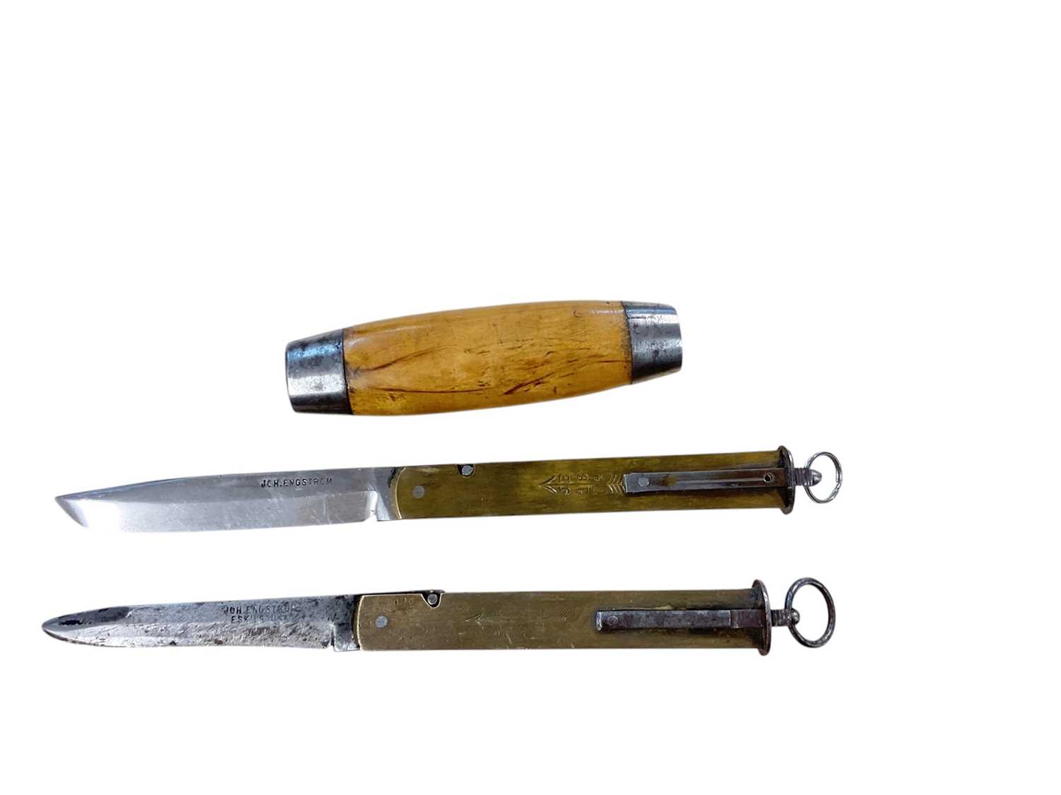 Lot 880 - Late 19th century Swedish Barrel knife, with birch wood grip, stamped SWEDEN, and steel end caps, removable hinged blade signed JOH. ENGSTROM, brass case stamped JOH. ENGSTROM ESKILSTUNA SWEDEN...