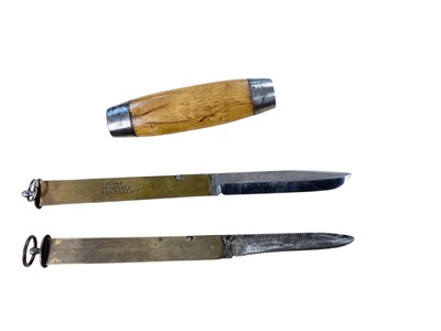 Lot 880 - Late 19th century Swedish Barrel knife, with birch wood grip, stamped SWEDEN, and steel end caps, removable hinged blade signed JOH. ENGSTROM, brass case stamped JOH. ENGSTROM ESKILSTUNA SWEDEN...