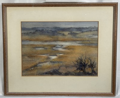 Lot 27 - Jean Cooke (Suffolk artist b.1932) watercolour - Suffolk marshes, signed, 22cm x 30cm, in glazed frame