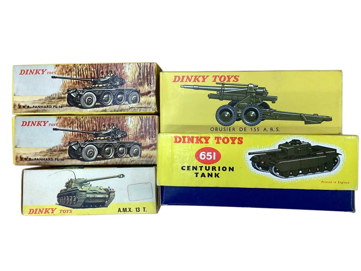 Lot 2048 - Dinky Toys diecast Military Vehicles including Centurion Tank No.651, Obusier DE 155 ABS field gun No.819, EBR Panhard FL10 No.827 (x2), AMX 13 T tank No.801, Jeep Porte-Fuseees SS10 No.828, Arm...