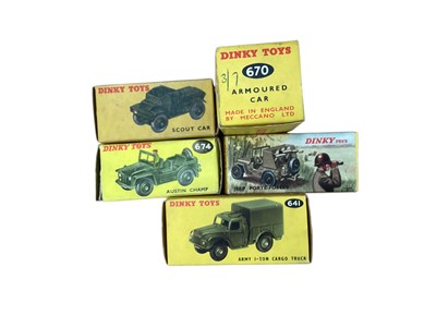 Lot 2048 - Dinky Toys diecast Military Vehicles including Centurion Tank No.651, Obusier DE 155 ABS field gun No.819, EBR Panhard FL10 No.827 (x2), AMX 13 T tank No.801, Jeep Porte-Fuseees SS10 No.828, Arm...