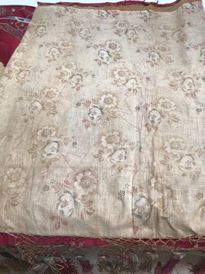 Lot 2144 - Chinese red silk banner with embroidered birds, applied metal discs, painted calligraphy and crouched stitch metallic threads. Knotted and tassel fringing. Printed cotton backing. Provena...