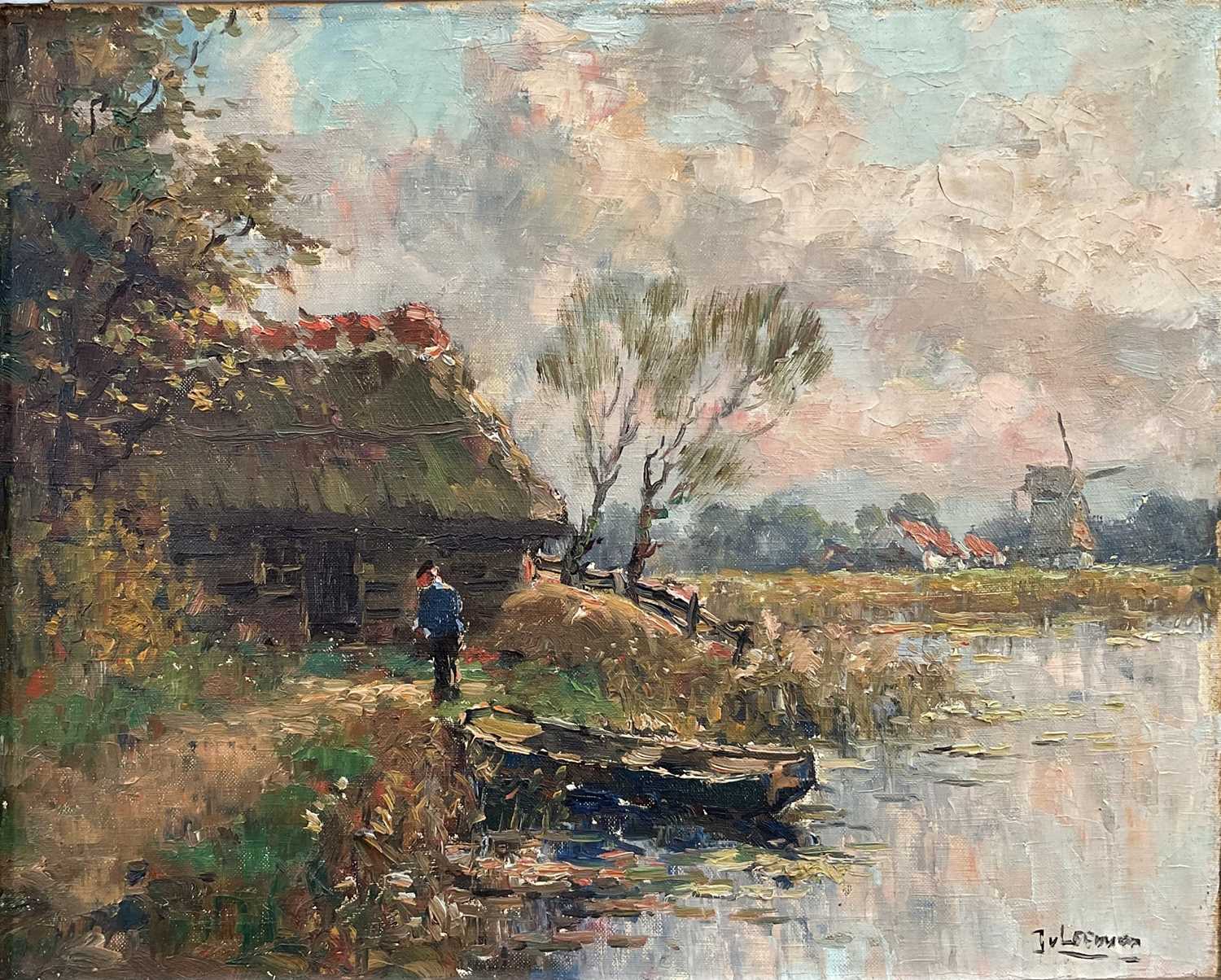 Lot 20 - Small oil on canvas river scene, figure with boat and mill in background, indistinctly signed, 40cm x 49cm, gilt frame